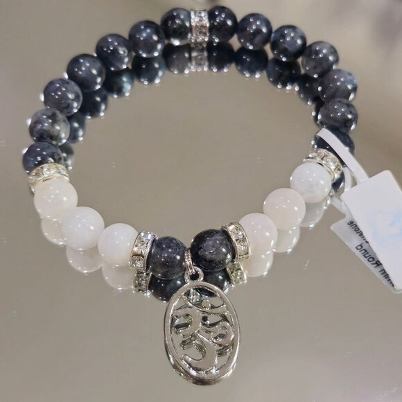 Black Labradorite & Rainbow Moonstone Beaded Bracelet – Silver Om Charm 8mm - Picture 4 of 10